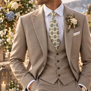 Corbata Foulard de medallón de mayólica azul marfil y oro