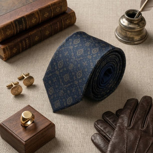 Corbata Foulard de medallón ornamentado en oro y azul mari