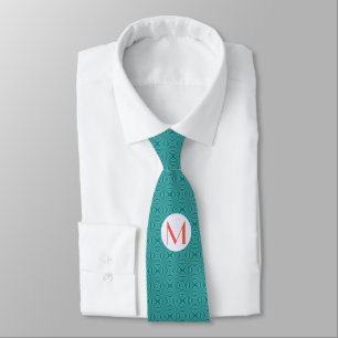 Corbata Fractal Teal Rojo Monograma Blanco Círculo