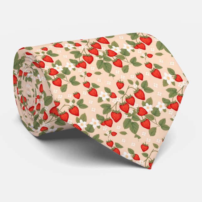 Corbata Fresas Con Hojas Verdes Y Flores Blancas (Enrollado)