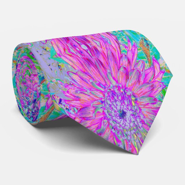 Corbata Frio Dahlia Floral Artístico de Color Rosa, Azul y (Enrollado)