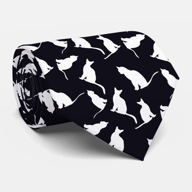 Corbata Fun Cat Silhouette White and Black Pet Lover (Enrollado)