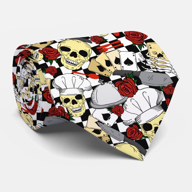 Corbata Funky Skulls Roses Roses Rojos Patrón Chef revisad (Enrollado)