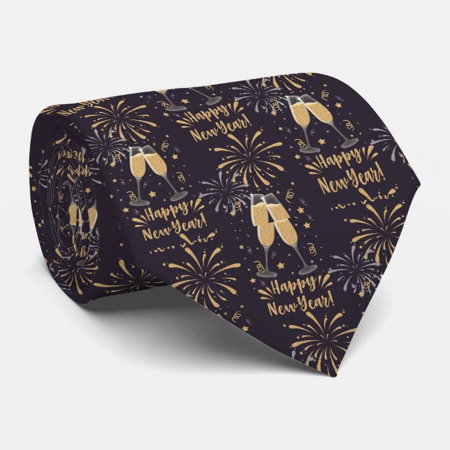 Corbata Gafas de champán de oro negro feliz año nuevo (Enrollado)