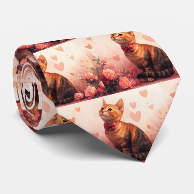 Corbata Gato Abisinio con Rosas - Día de San Valentín (Enrollado)