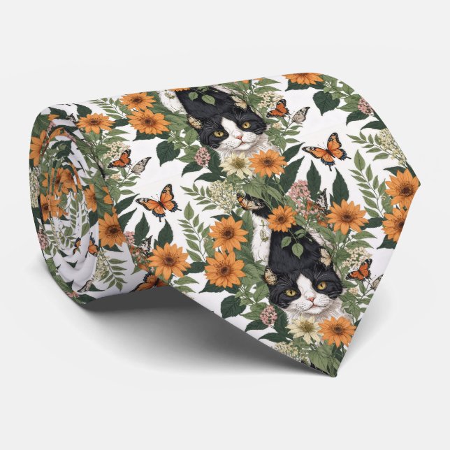 Corbata Gato artístico, mariposas, flores patrón floral (Enrollado)
