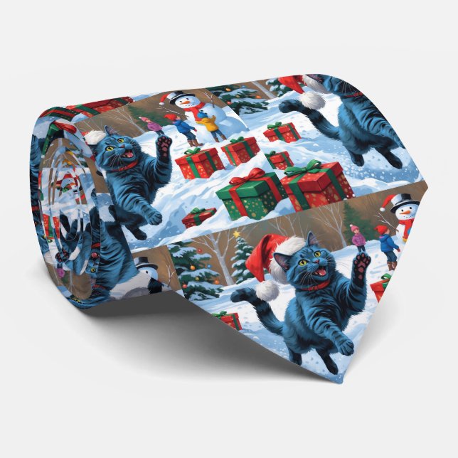 Corbata Gato azul ruso corre Nieve con Gorra Navidad (Enrollado)