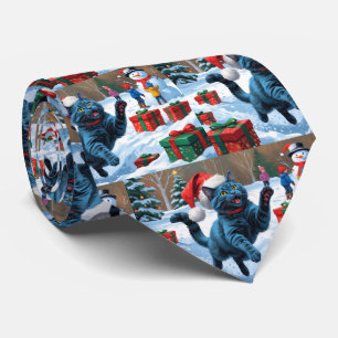 Corbata Gato Azul Ruso Corriendo Nieve con Sombrero de Nav