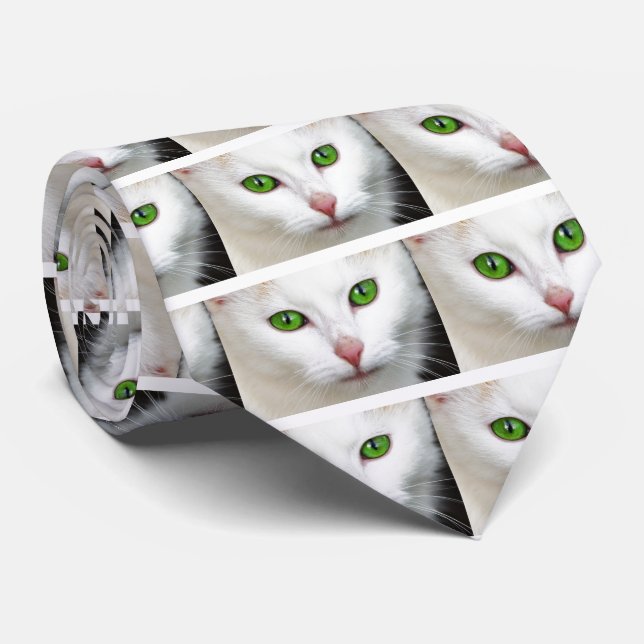 Corbata Gato blanco de ojos verdes (Enrollado)