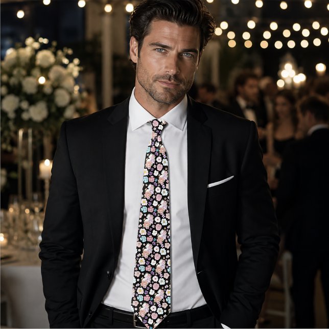 Corbata Gato Blanco Floral Pastel Botánico Romántico Negro (Subido por el creador)