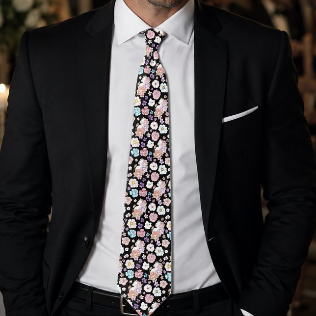 Corbata Gato Blanco Floral Pastel Botánico Romántico Negro (Subido por el creador)
