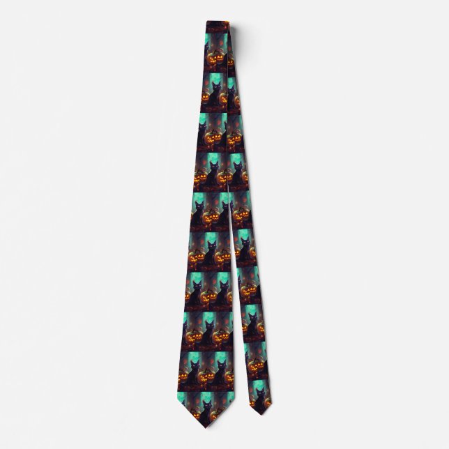 Corbata Gato de Halloween Tuxedo con calabazas aterradoras (Anverso)