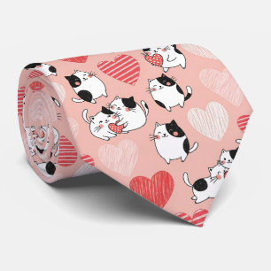 Corbata Gato Kawaii y Patrón de San Valentín de Corazones 