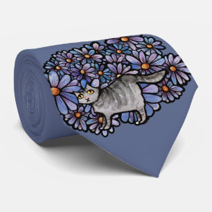 Corbata Gato Kitty Púrpura Daisies Gris Gato Gris Gris Gri