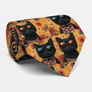 Corbata Gato Negro Con Rosas Del Corazón Día De San Valent