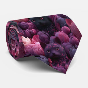 Corbata Gato negro surrealista y patrón floral de peonía r
