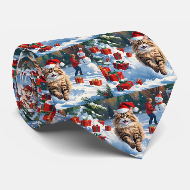 Corbata Gato Persa Sentado en la Nieve con Sombrero de Nav (Enrollado)