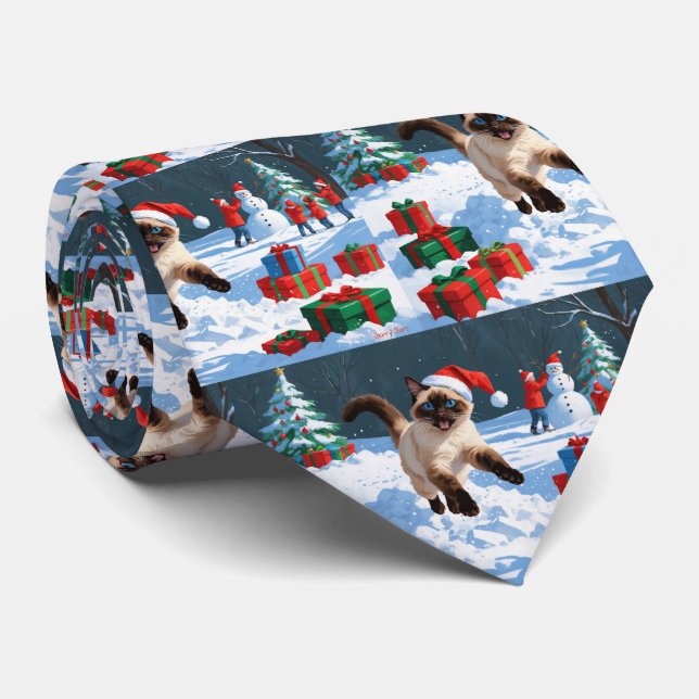 Corbata Gato siamés corre en Nieve con Gorra Navidad (Enrollado)
