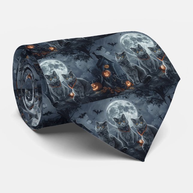 Corbata Gatos Azules Rusos Halloween Espeluznante (Enrollado)