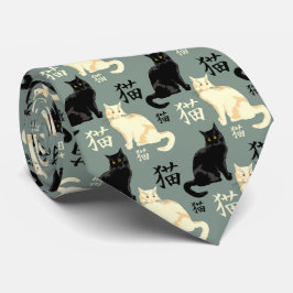 Corbata Gatos blancos y negros con personajes japoneses