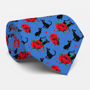 Corbata Gatos negros lindos y espeluznantes rosas rojas pa