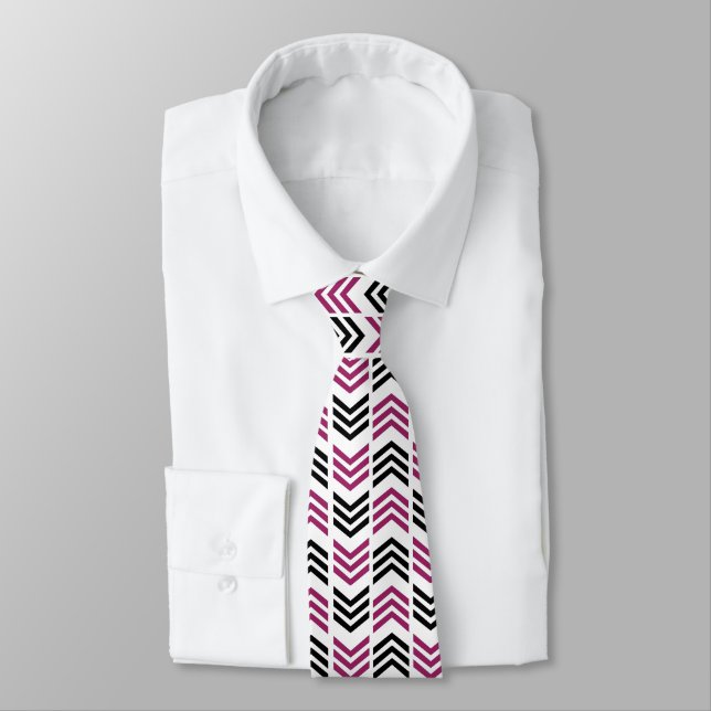 Corbata Geométrico de chevron negro púrpura (Atado)