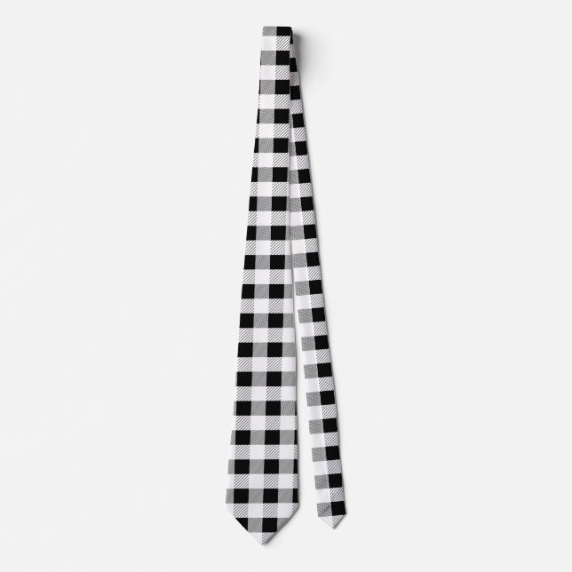 Corbata Gingham Geométrico de Cuadros en Blanco y Negro  (Anverso)