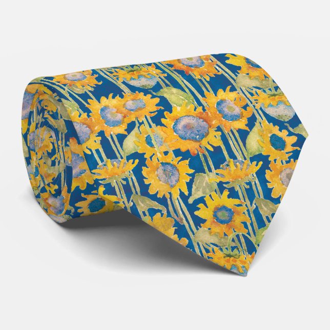 Corbata Girasol moderno en patrón floral azul (Enrollado)