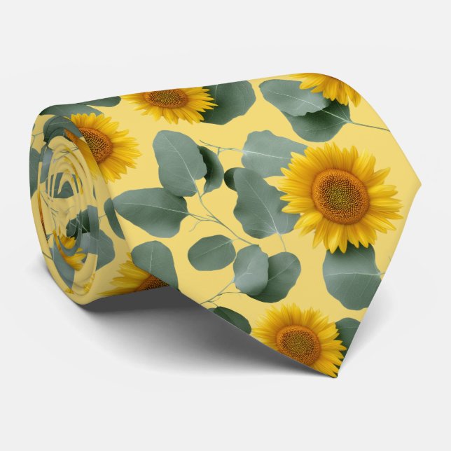 Corbata Girasoles con patrón de hojas de eucalipto (Enrollado)