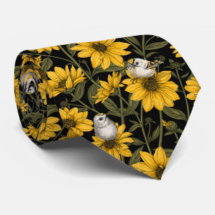 Corbata girasoles silvestres y pájaros dorados/ amarillo