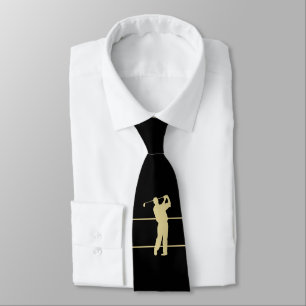 Corbata Gold Silhouette Golfer on Black Neck Tie