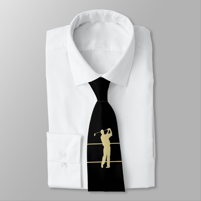 Corbata Gold Silhouette Golfer on Black Neck Tie (Atado)