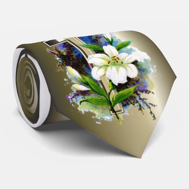 Corbata Golden Easter Cross and White Lilly Flowers (Enrollado)