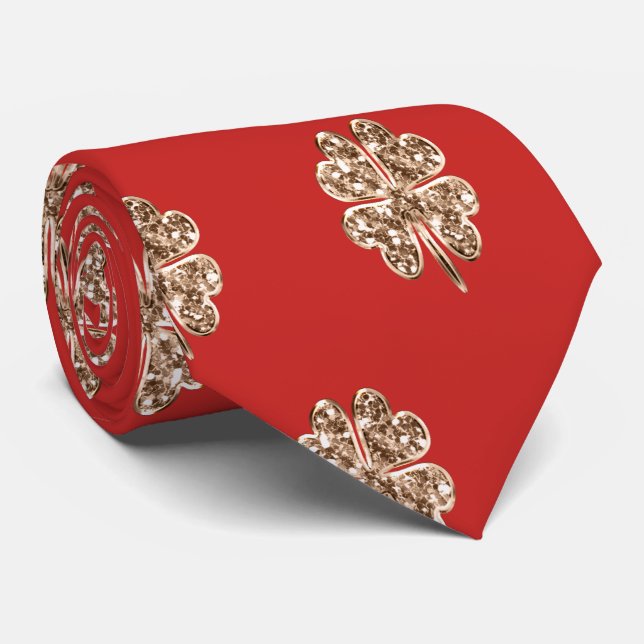 Corbata Golden Four Leaf Clover Buena Suerte Rojo y Oro (Enrollado)