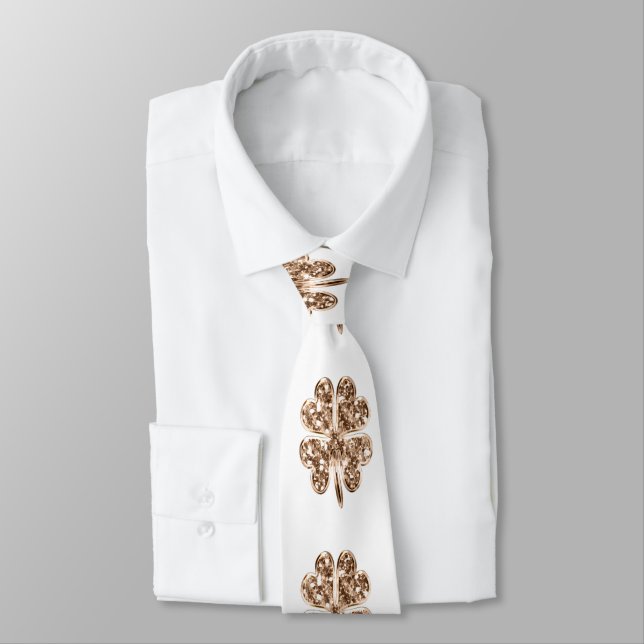 Corbata Golden Four Leaf Clover Elegante Oro y Blanco (Atado)