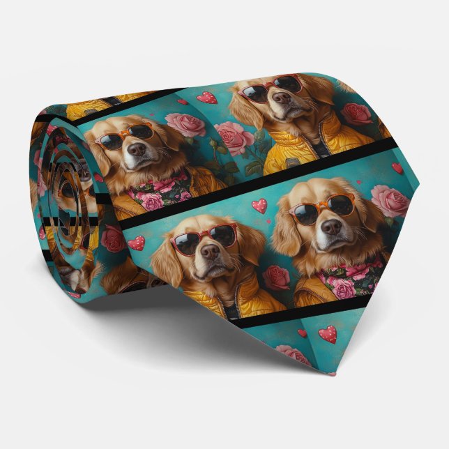 Corbata Golden Retriever con rosas del corazón día de San  (Enrollado)