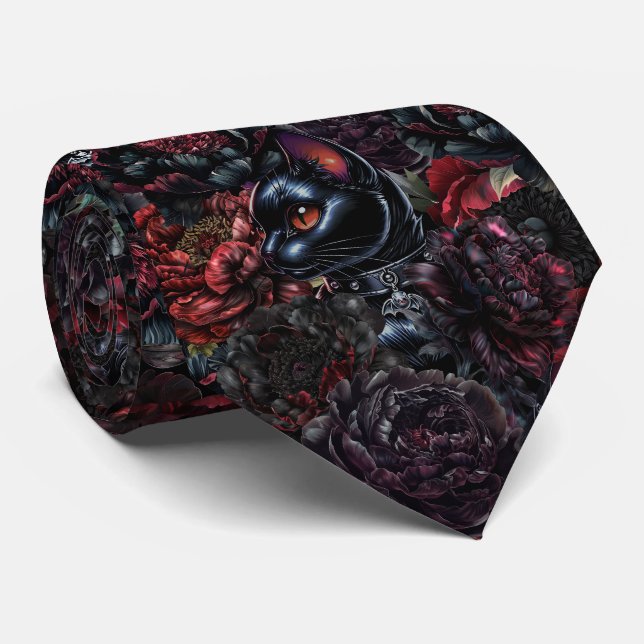 Corbata Gothic Black Cat & Dark Flowers Pattern  (Enrollado)