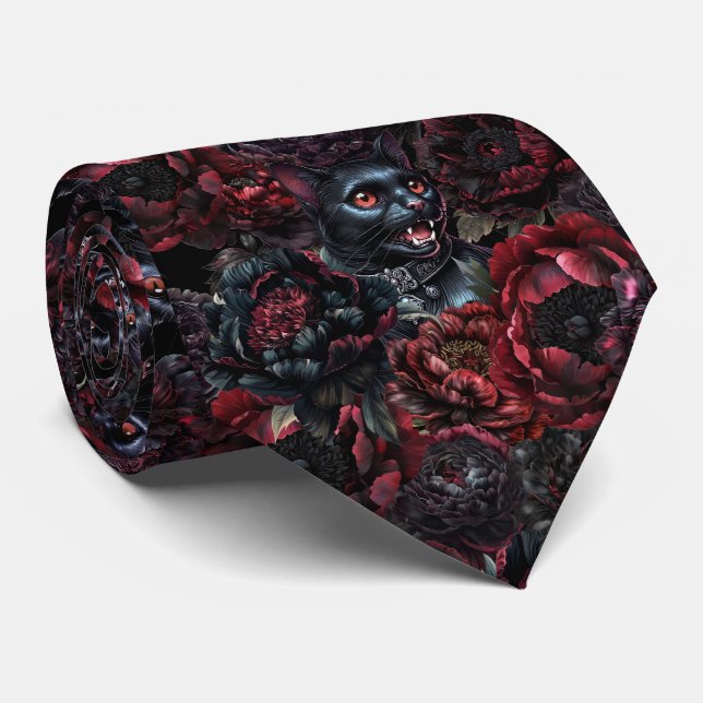 Corbata Gothic Black Cat & Dark Flowers Pattern  (Enrollado)