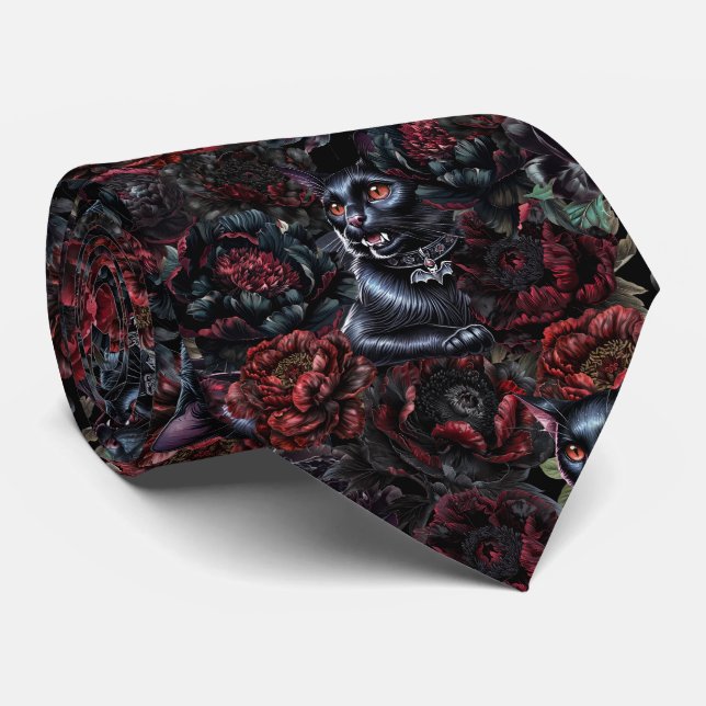 Corbata Gothic Black Cat & Dark Flowers Pattern  (Enrollado)