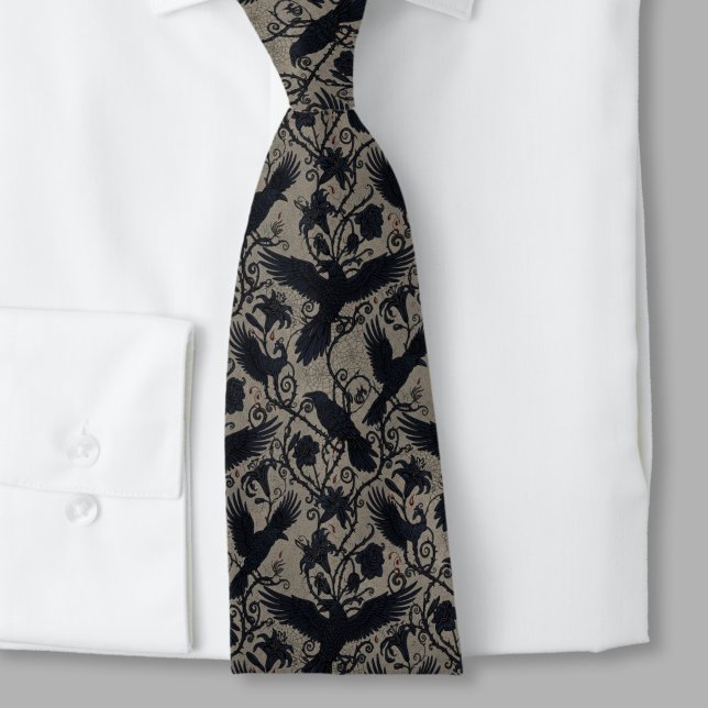 Corbata Gothic Raven Necktie – Dark Floral & Raven Motif (Whimsigoth raven necktie)