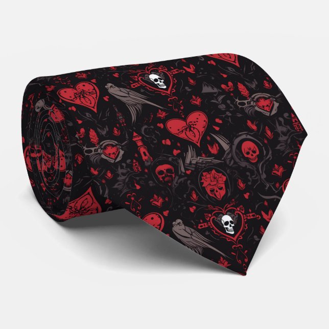 Corbata Gothic Red Hearts, Skulls and Crows (Enrollado)
