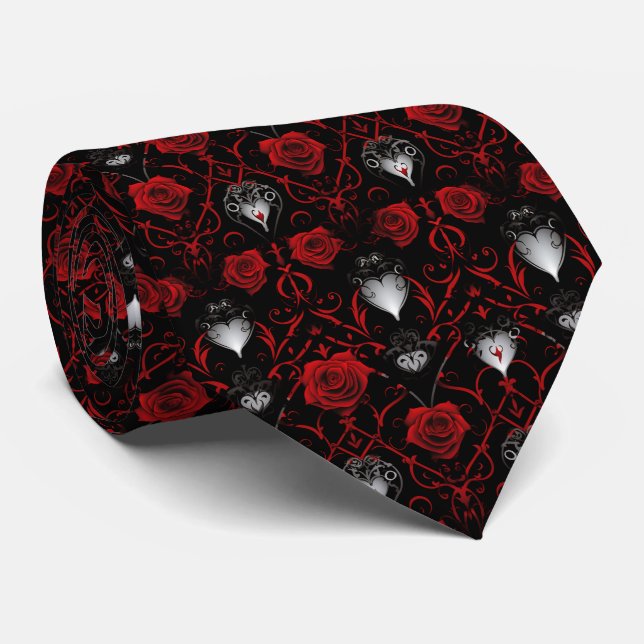 Corbata Gothic Red Roses Silver Hearts  (Enrollado)