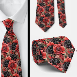 Corbata Gótico rojo y negro acuarela Cuello floral