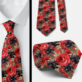 Corbata Gótico rojo y negro acuarela Cuello floral