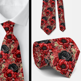 Corbata Gótico rojo y negro acuarela Cuello floral