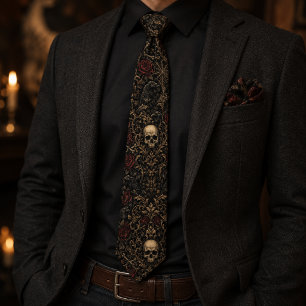 Corbata Gótico Victoriano Cráneo Cuervo Rosa Damask