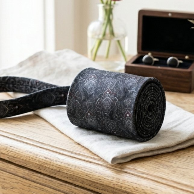 Corbata Gótico Victoriano Cuervo Damask (Gothic raven damask necktie for an alternative groom at a dark romantic wedding.)