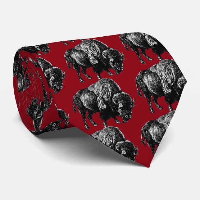 Corbata Grabado de madera de Búfalo Americano Bison Vintag (Enrollado)