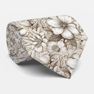 Corbata Grabado floral botánico sepia vintage sobre marfil