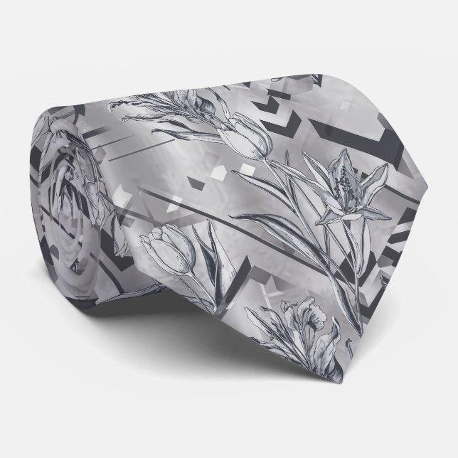 Corbata Grabado floral de gris carbón y Zigzag  (Enrollado)